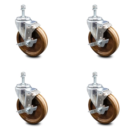 Service Caster 5 Inch High Temp Phenolic Swivel 12mm Threaded Stem Caster Set with Brake SCC-TS20S514-PHSHT-TLB-M1215-4